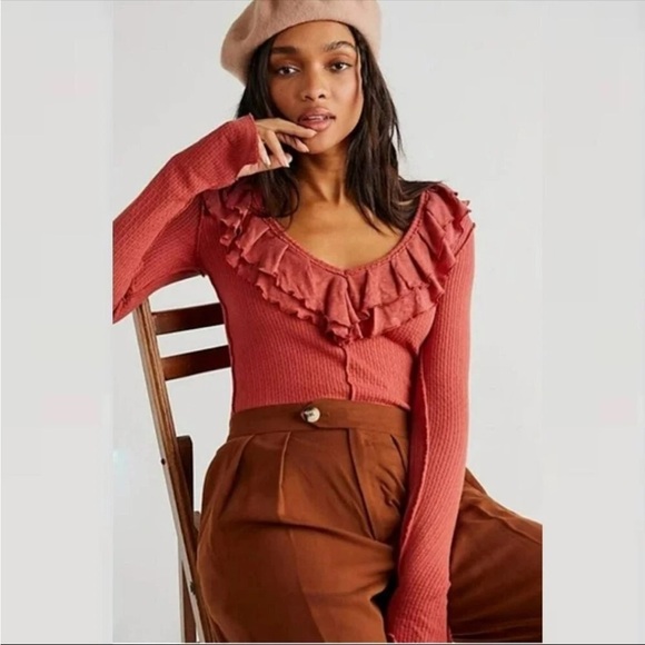 Free People Tops - Free People Bennet Ruffles v Neck Slit Cuff Cute Long sleeve Thermal Top Small